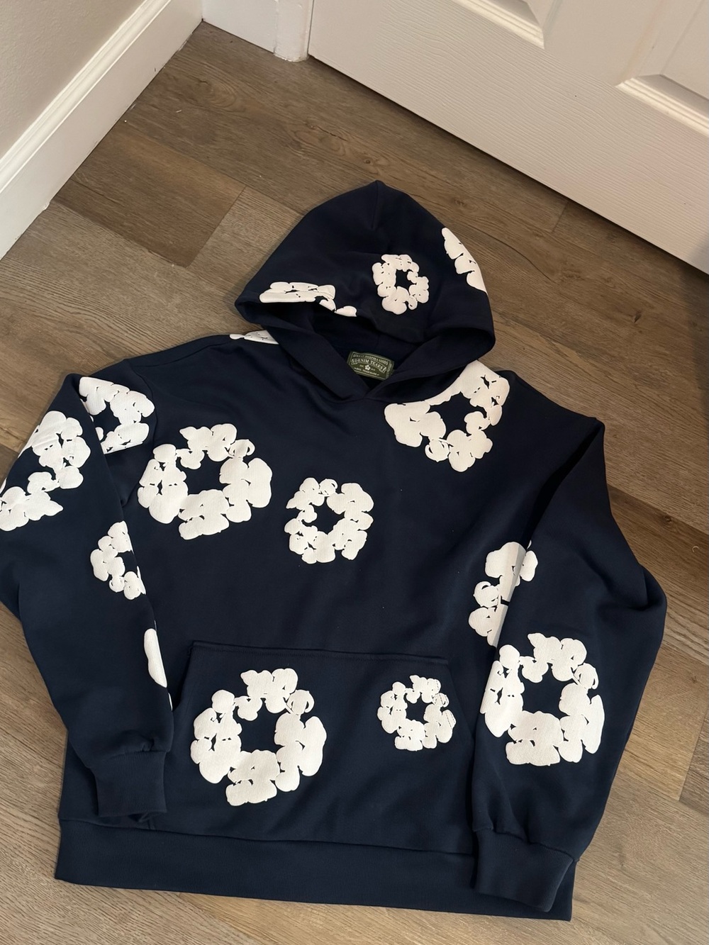 Navy Blue Floral-Print Hooded Sweater with White Blooms